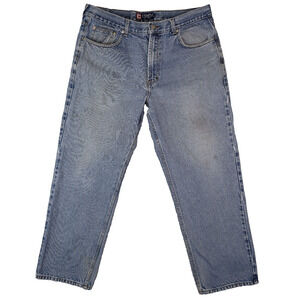 Chaps Demin Jeans Mens 36x30 Straight Fit Blue Light Wash Stained Work Jeans